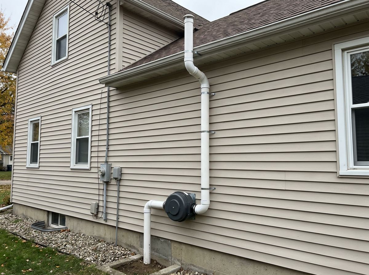 Exterior radon mitigation fan and PVC discharge stack on a midwest home