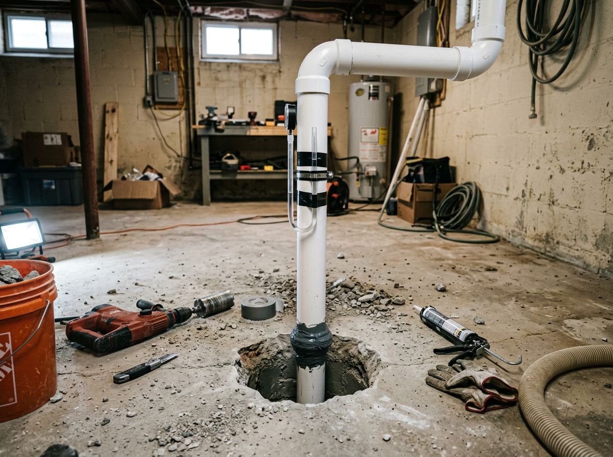 Concrete basement slab with PVC pipe set into a core hole for sub-slab depressurization